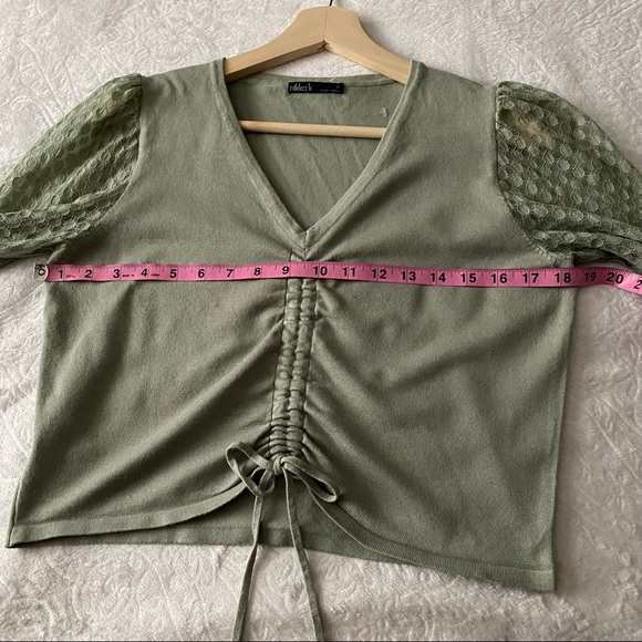 Sage Green Drawstring Sweater with Sheer Sleeves - Picture 4 of 9